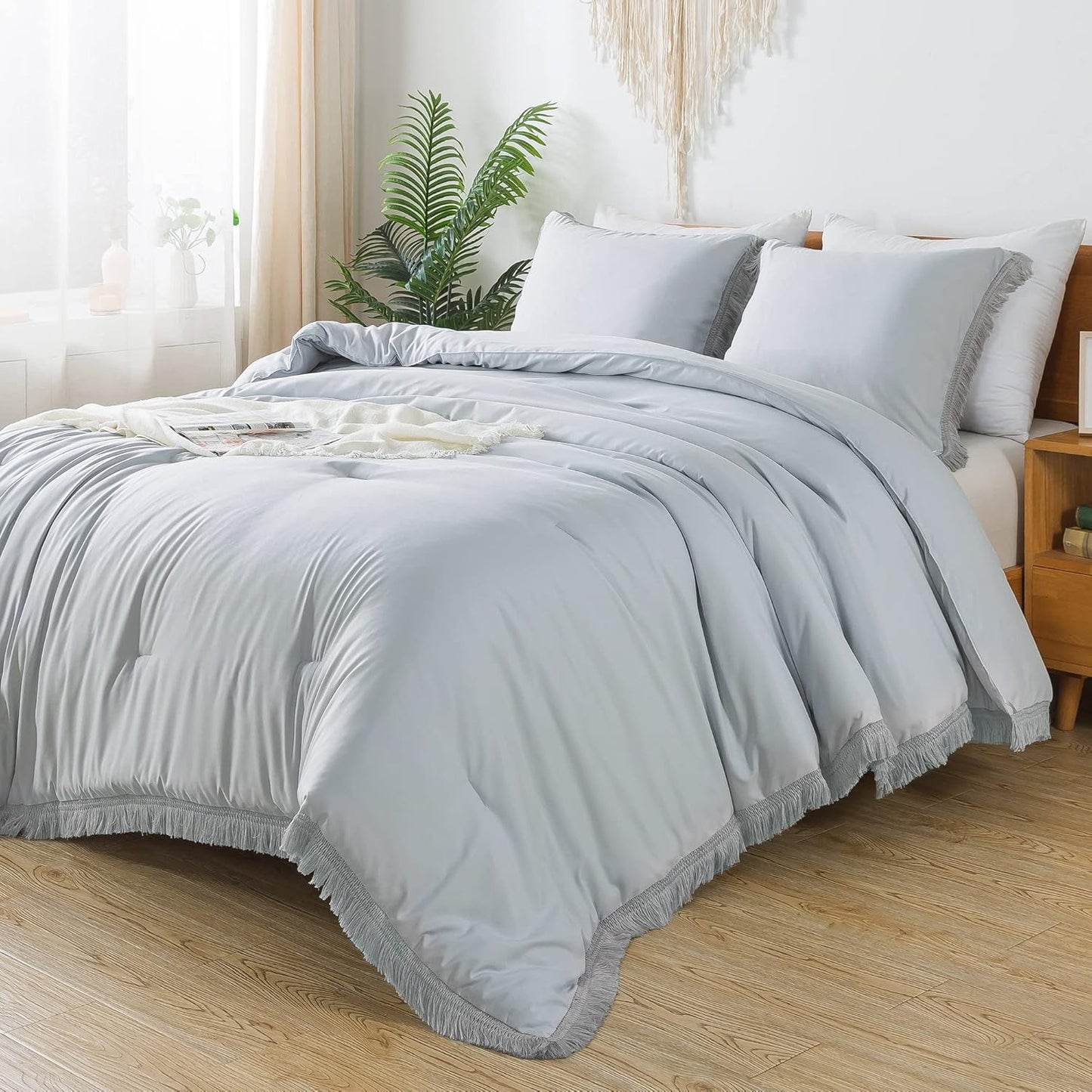 Andency Light Grey Comforter Set Full Size with Boho Tassels