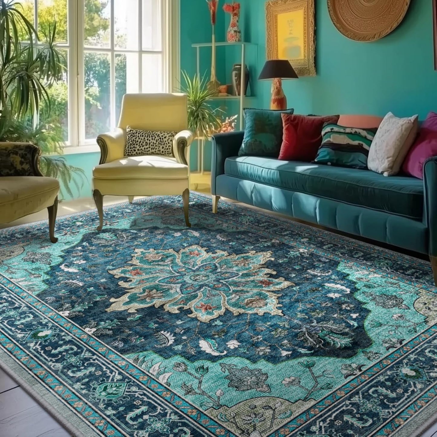 Area Rugs 5ftx7ft Washable Non-Slip Floral Vintage Medallion