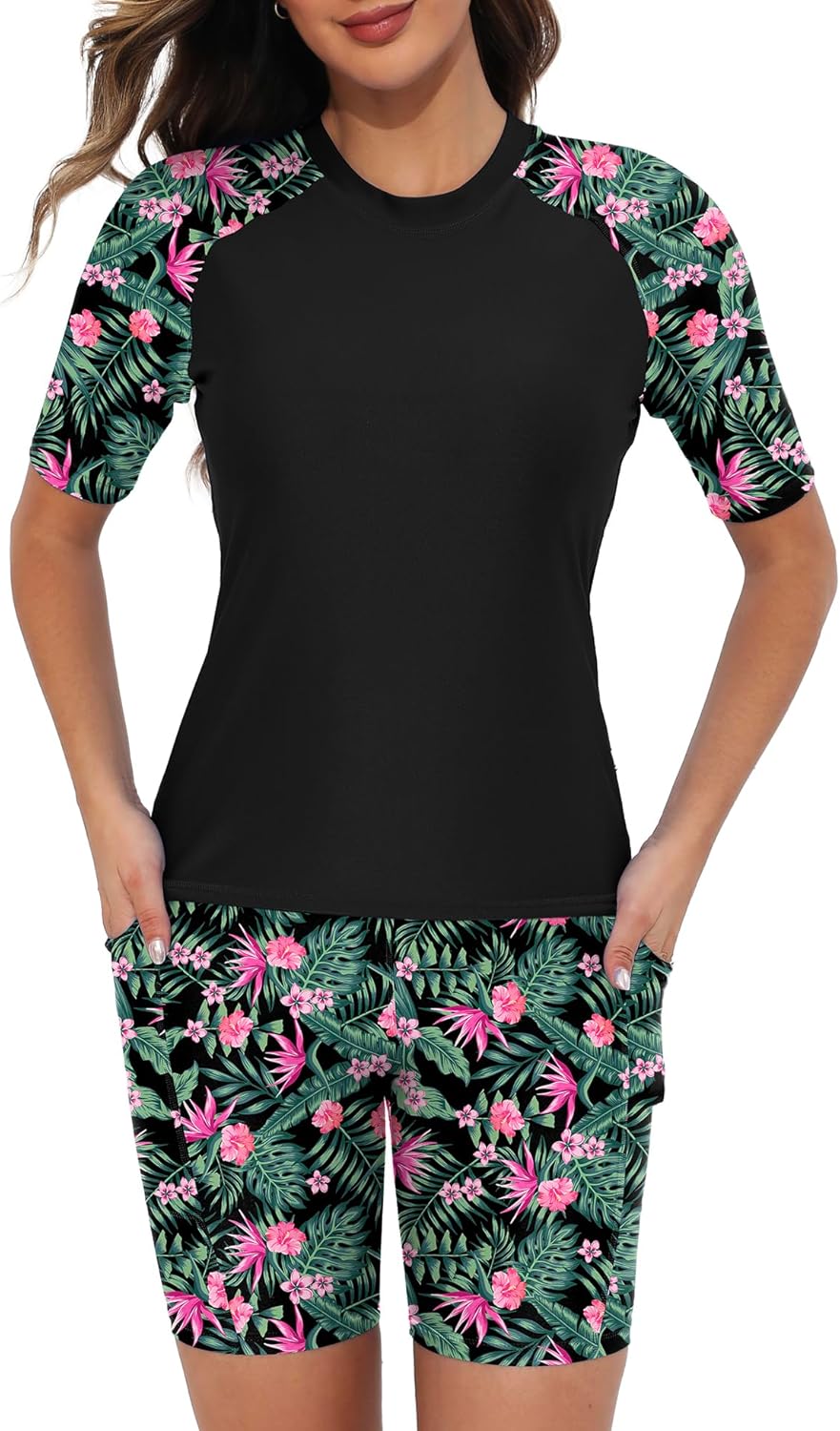 Tournesol Women's Two Piece Rash Guard Swim Set with Pockets