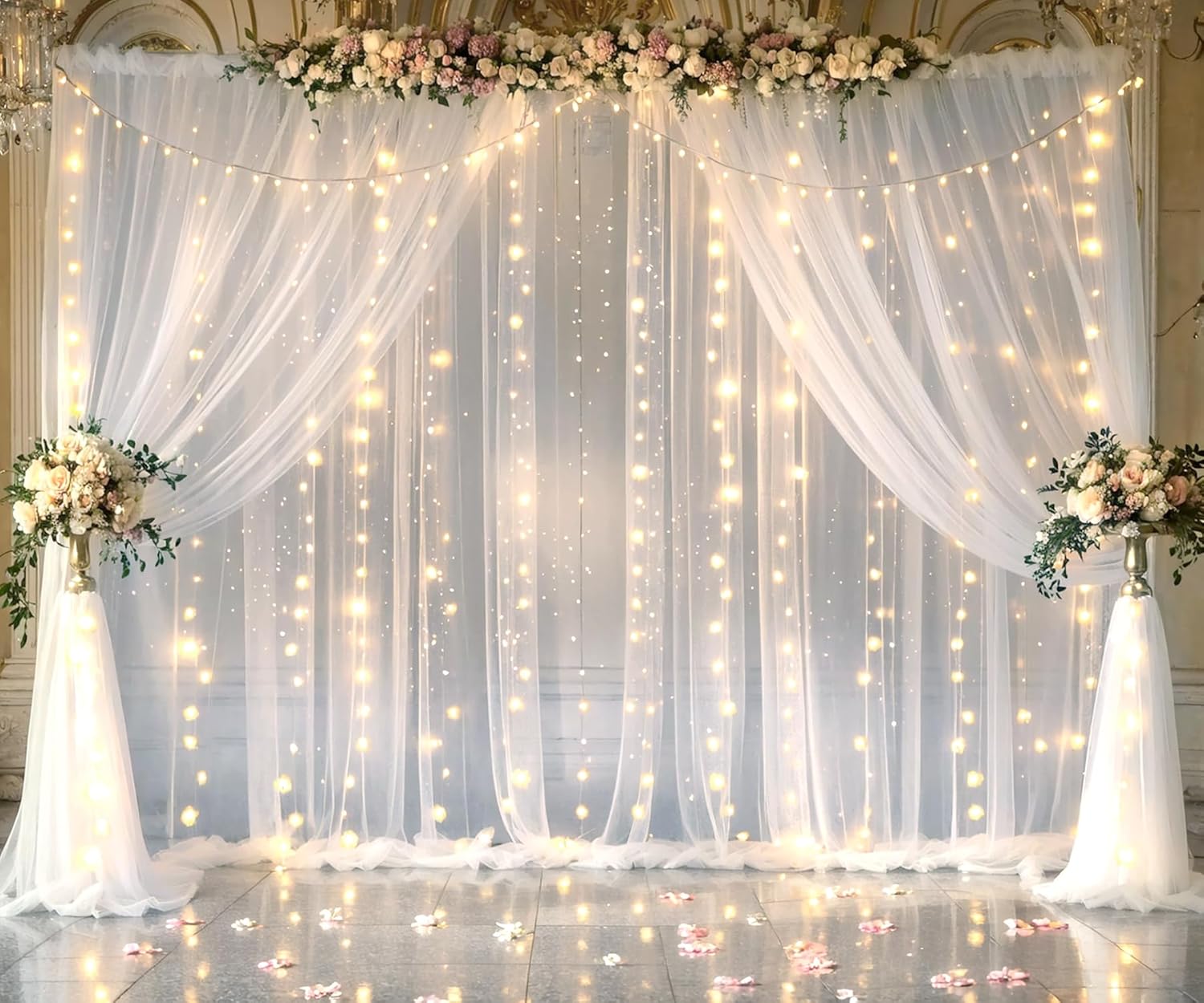 20ft X 8ft White Tulle Wedding Backdrop Curtains with Lights