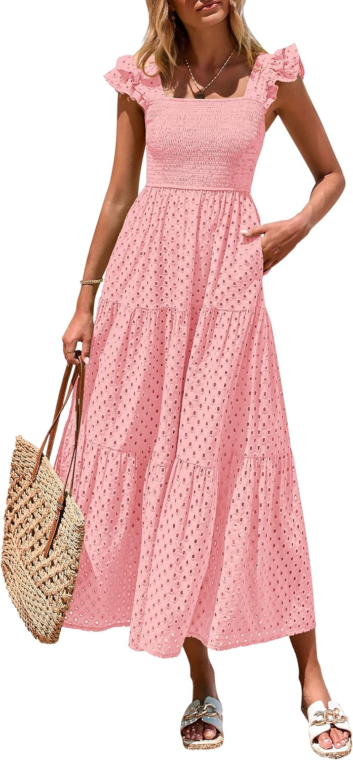 PRETTYGARDEN Womens Summer Square Neck Maxi Dress with Pockets