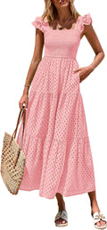 Womens Cotton Square Neck Maxi Dress - Eyelet Smocked A-Line