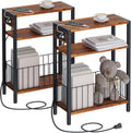 Narrow Side Table with Charging Station Set of 2 - Slim Nightstand