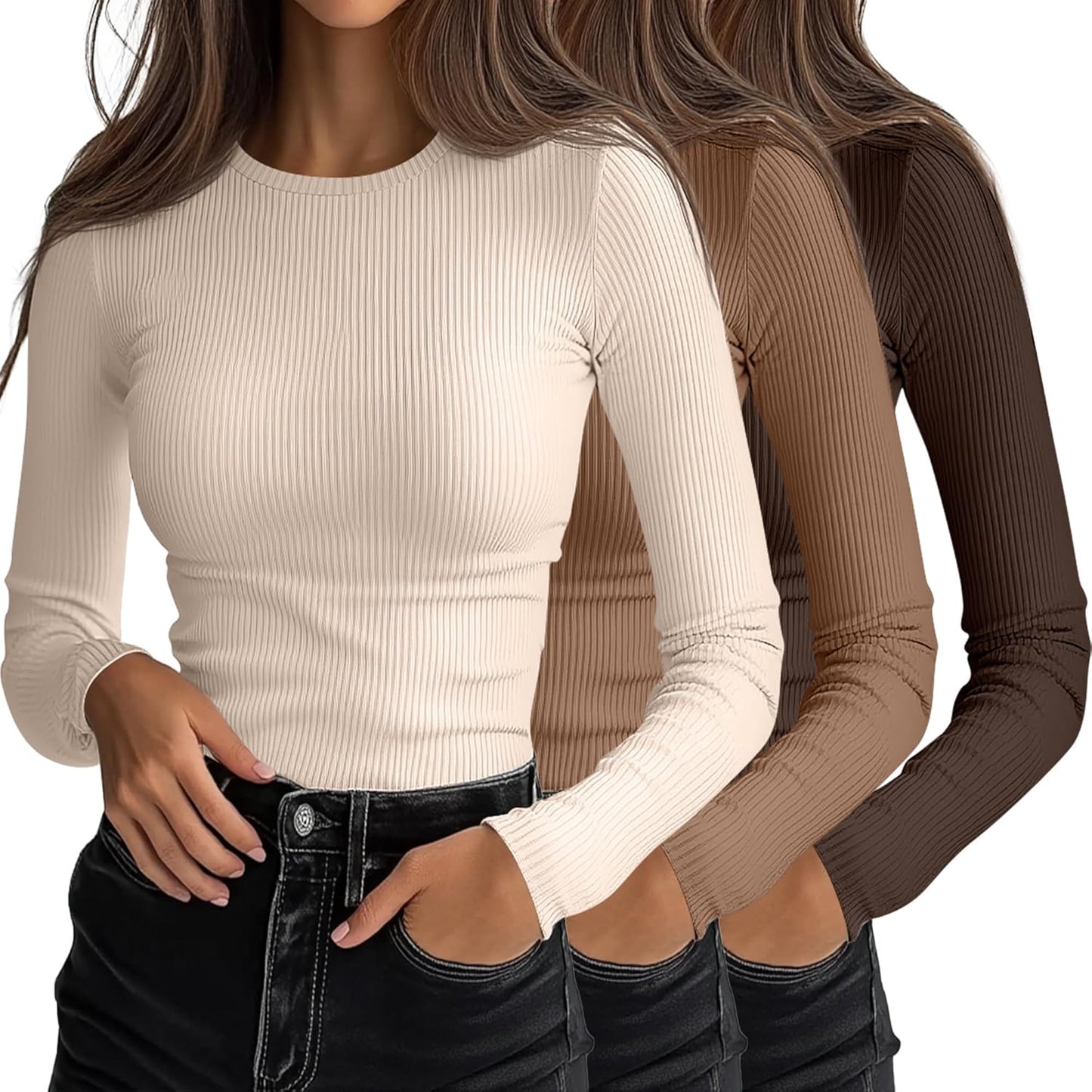 Ficerd Women's Ribbed Long Sleeve Tops for Casual Layering