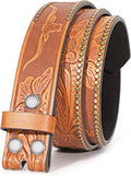 Western Leather Belt Strap for Men Cowboy Floral Carved PU Belt
