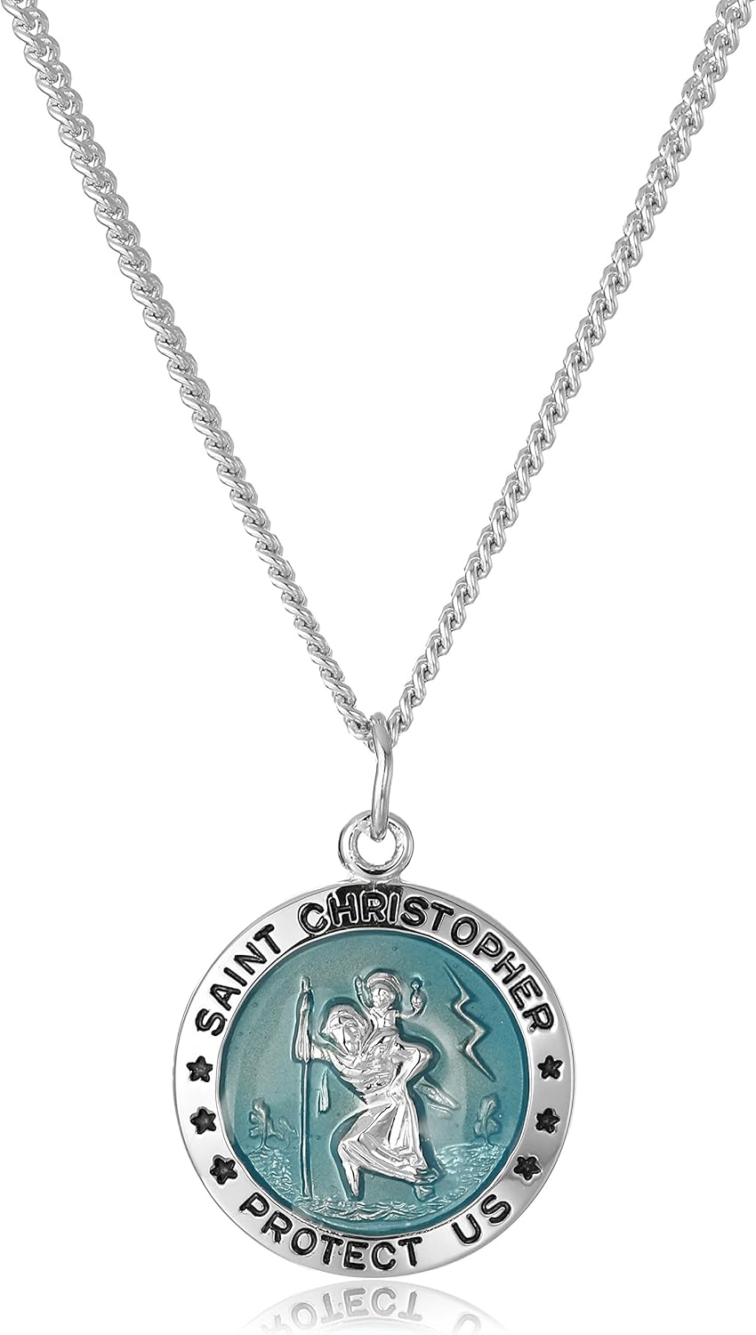 Sterling Silver Round St. Christopher Pendant with Blue Background