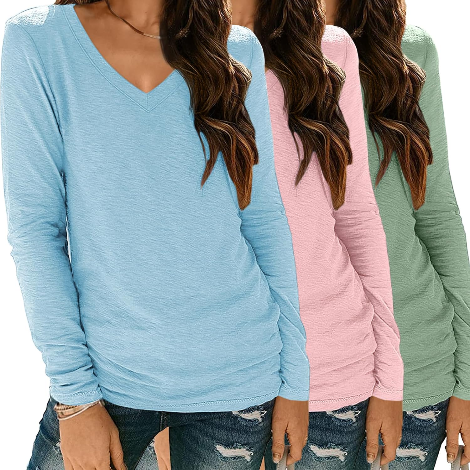 Womens Long Sleeve V Neck Tops - Trendy Casual Fall Fashion