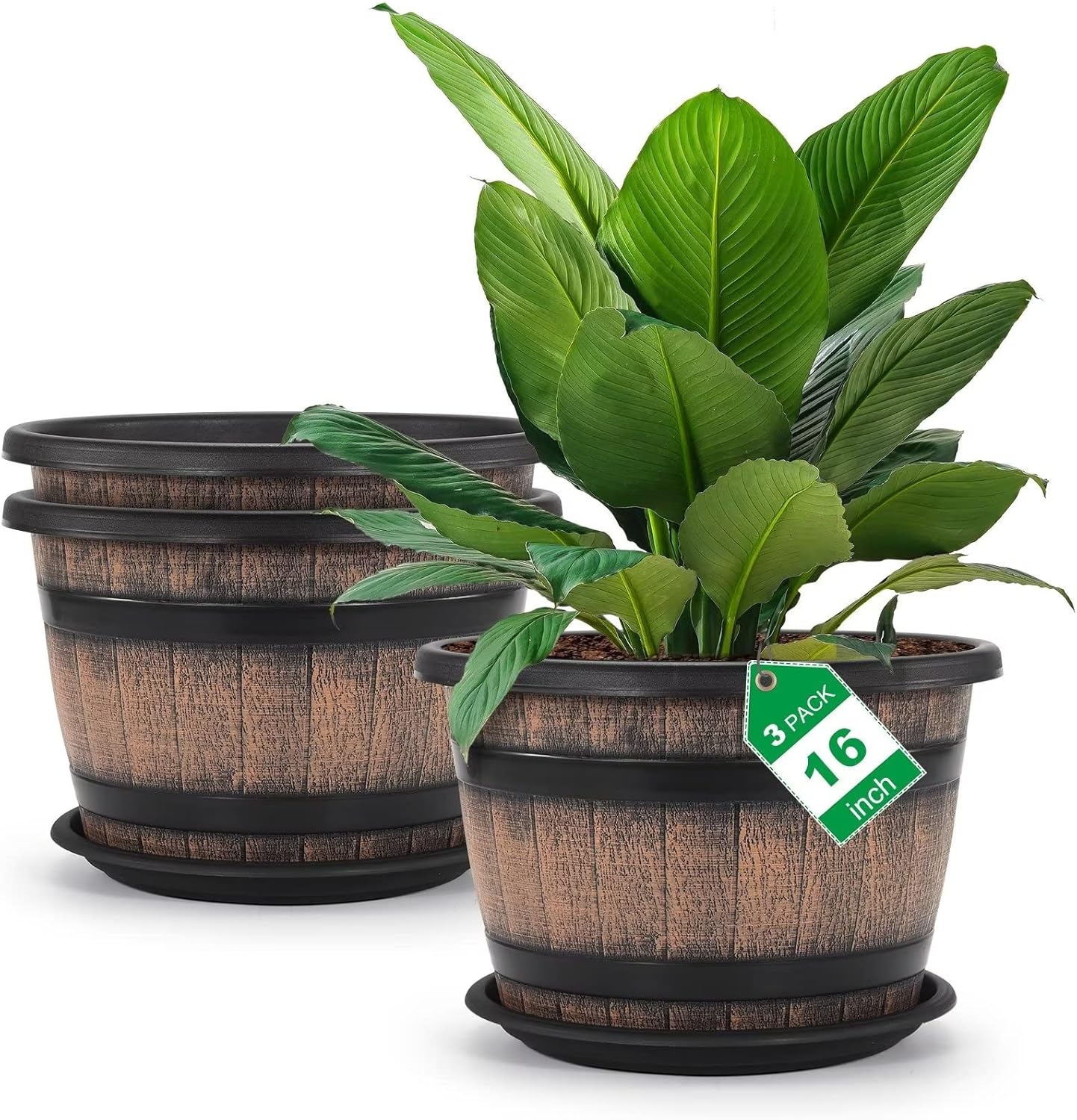 Quarut Large Plastic Plant Pots - 16 inch Whiskey Barrel Design