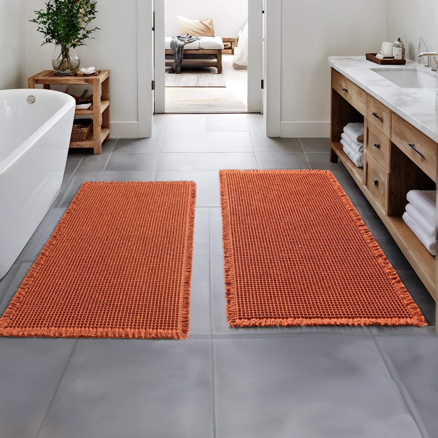MIULEE Fall Orange Set of 2 Waffle Bathroom Runner Rugs