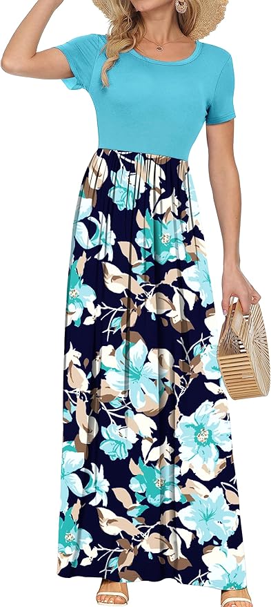 AUSELILY Women Short Sleeve Loose Maxi Dress with Pockets