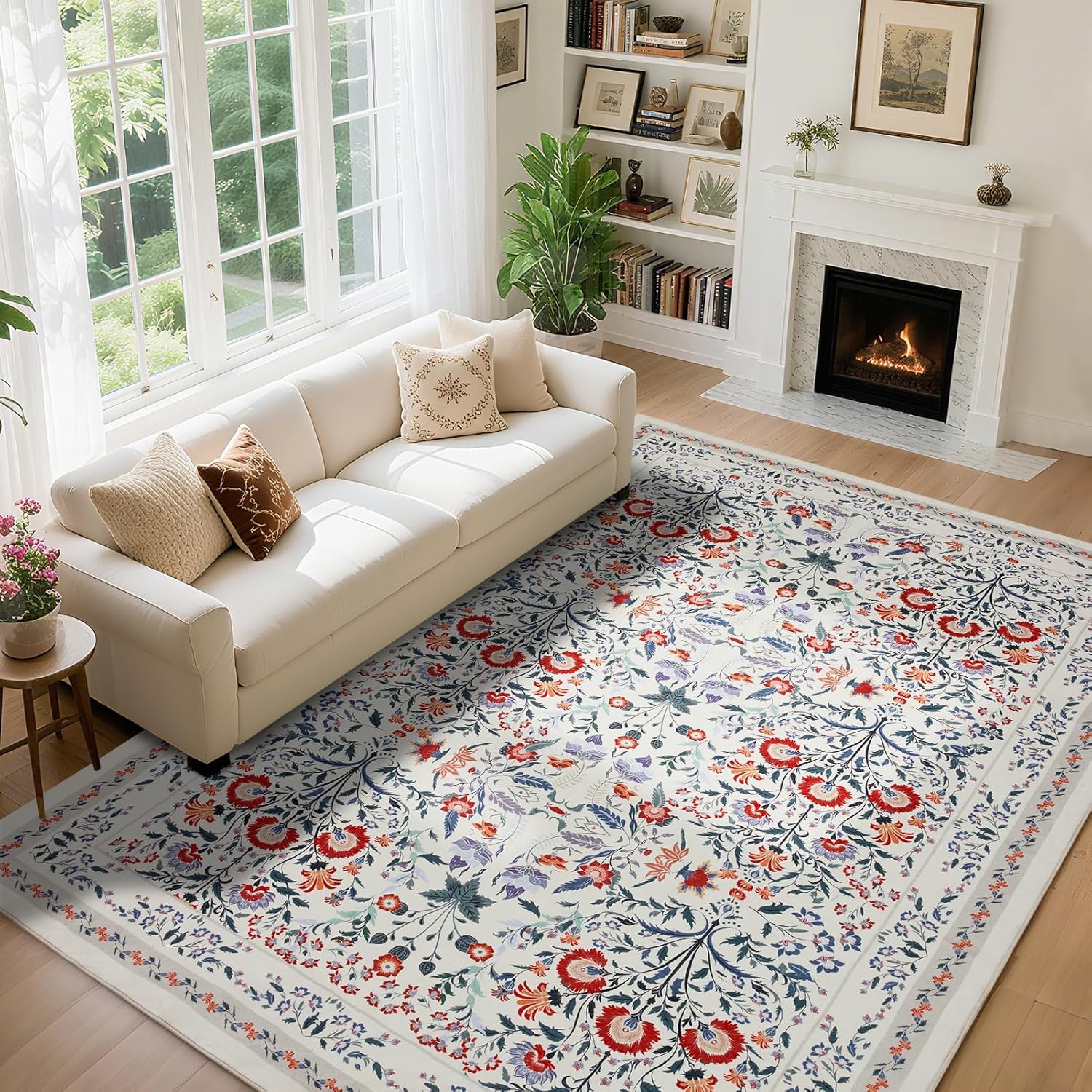 Area Rug Living Room Rug, 8X10 Floral Boho Soft Washable Carpet