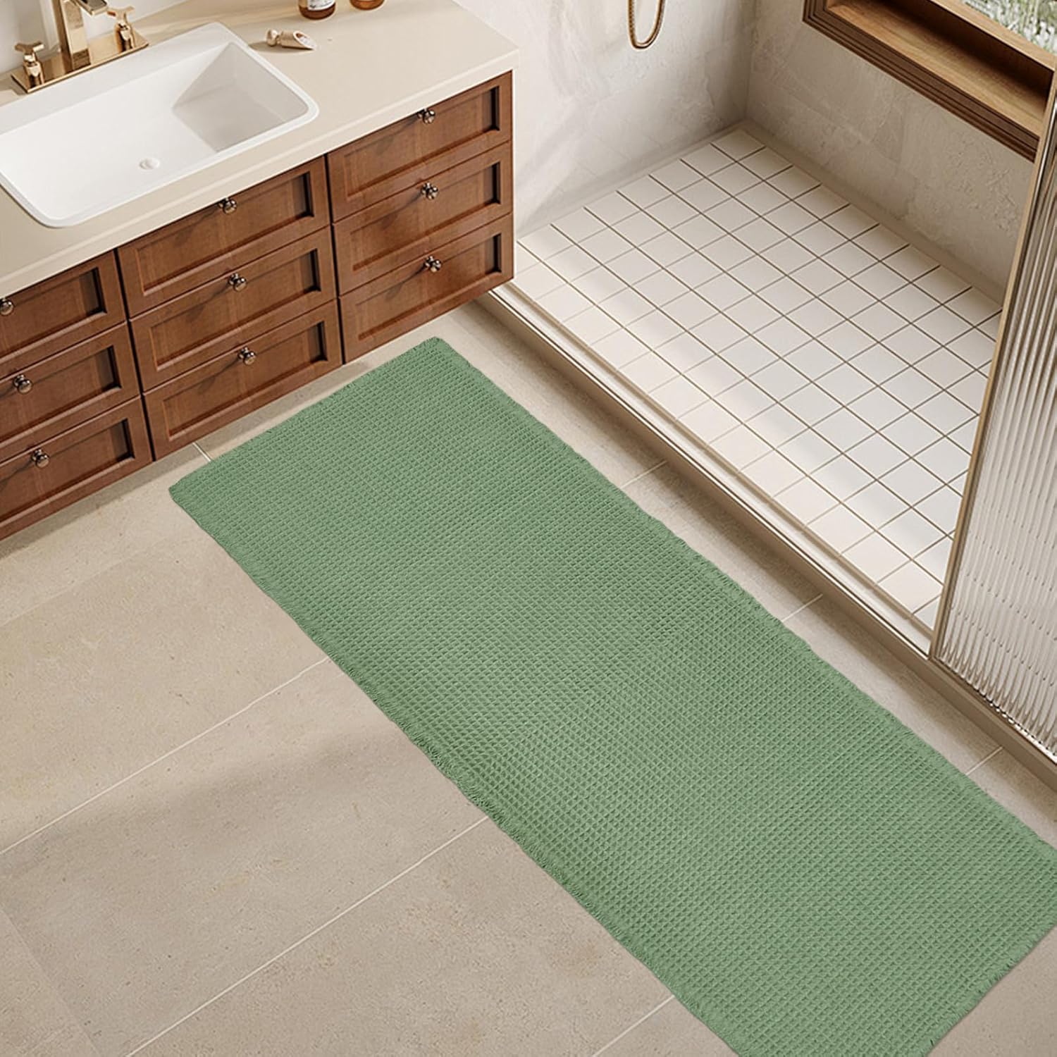 ZALL Waffle Bath Mat: Super Absorbent Non Slip Rug in Sage Green
