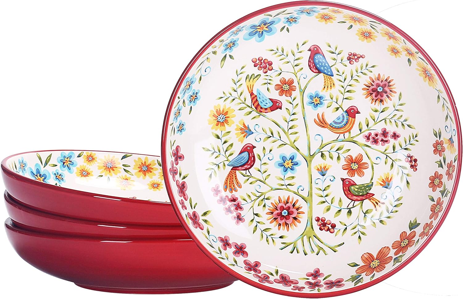 Bico Red Spring Bird Pasta Bowls Set of 4 for Serving Meals