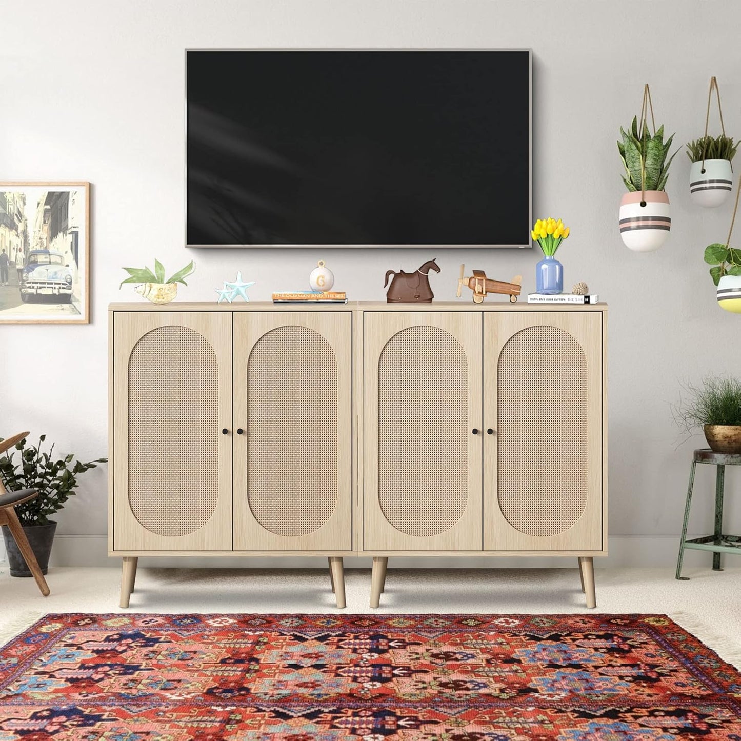 Rattan-Decor Sideboard: 4-Door Kitchen Storage
