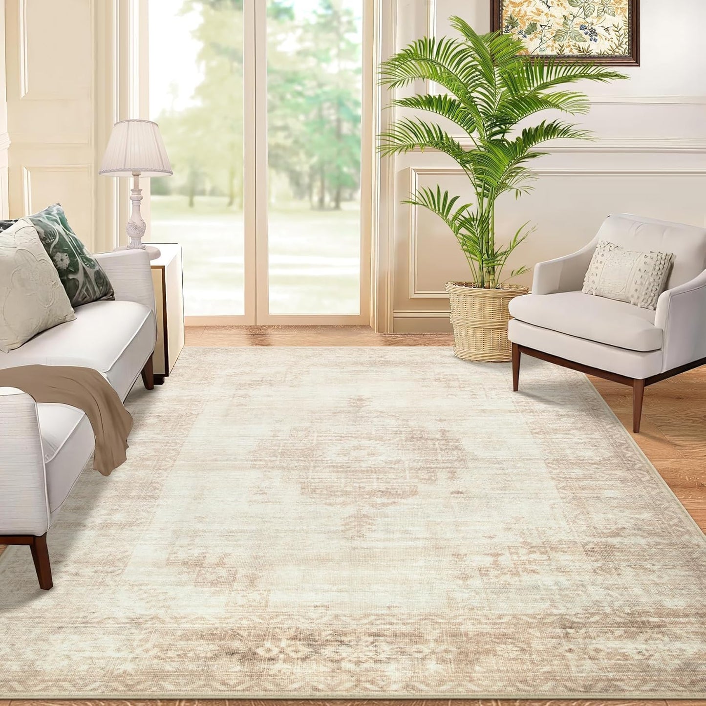 Boho Moroccan Area Rug - Machine Washable Farmhouse Accent (Beige, 5' x 7')