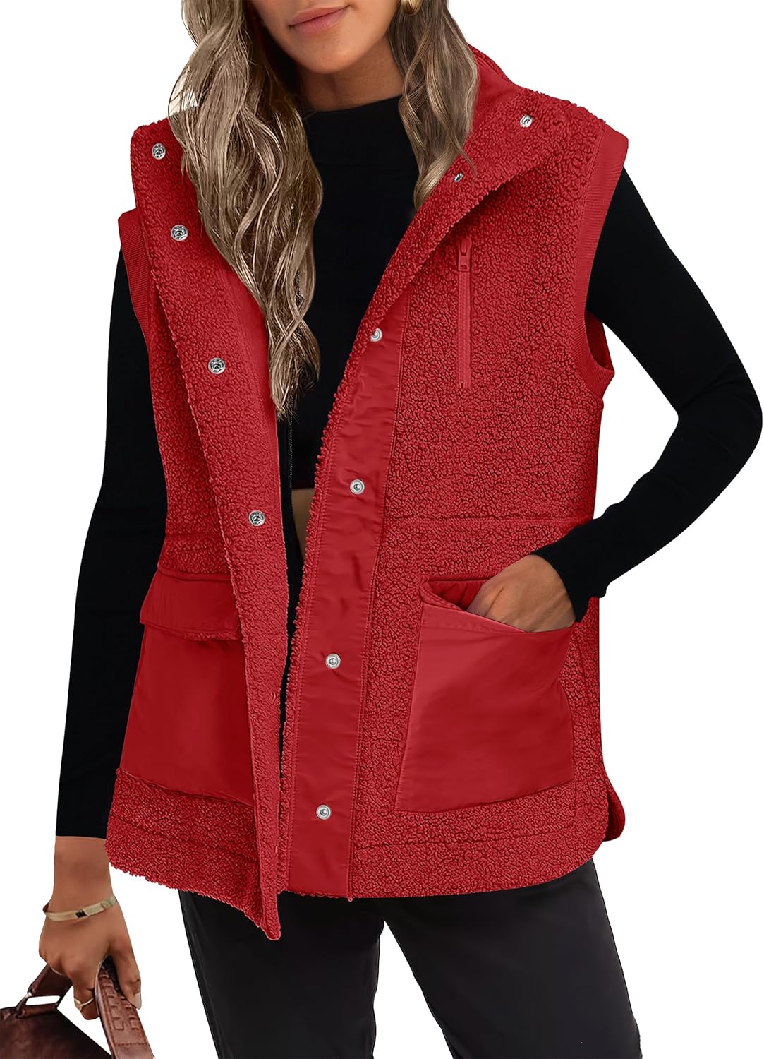 Womens Fleece Vest Loose Warm Button Down Fall Fuzzy Sherpa Jacket