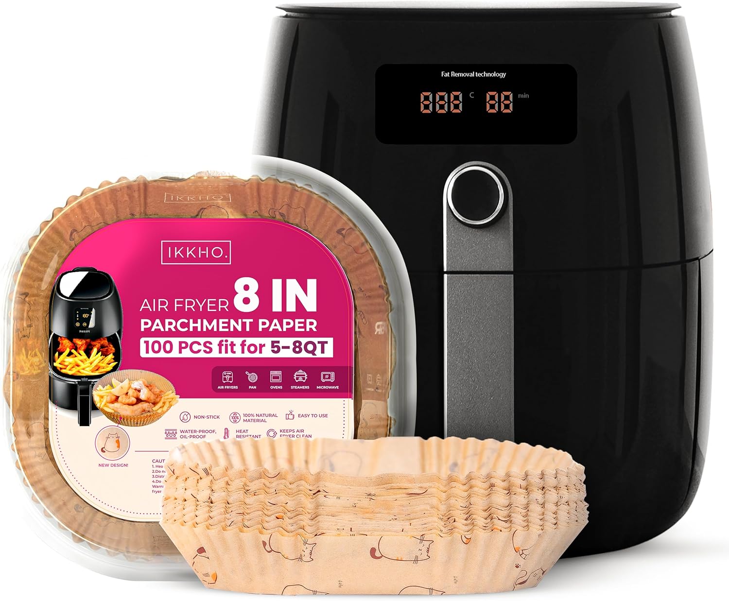 IKKHO Non-Stick Air Fryer Liners | 100 Pcs | Oilproof | Fits 5-8 QT | Microwave Safe