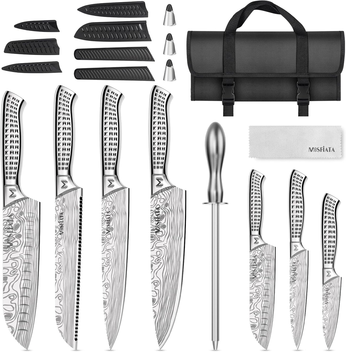 MOSFiATA 12-Piece Kitchen Knife Set with Storage Bag and Sharpener