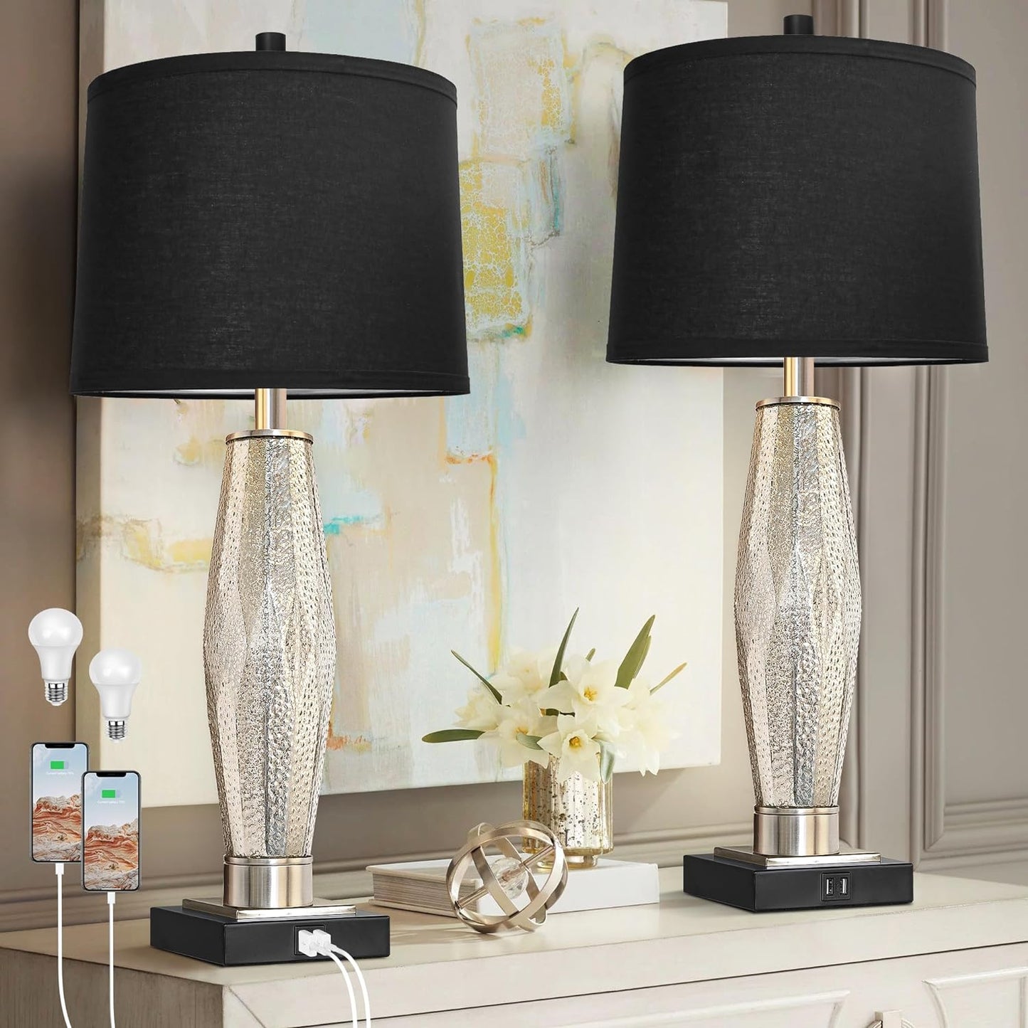 Modern Glass Table Lamps Set of 2 with USB Charging Ports