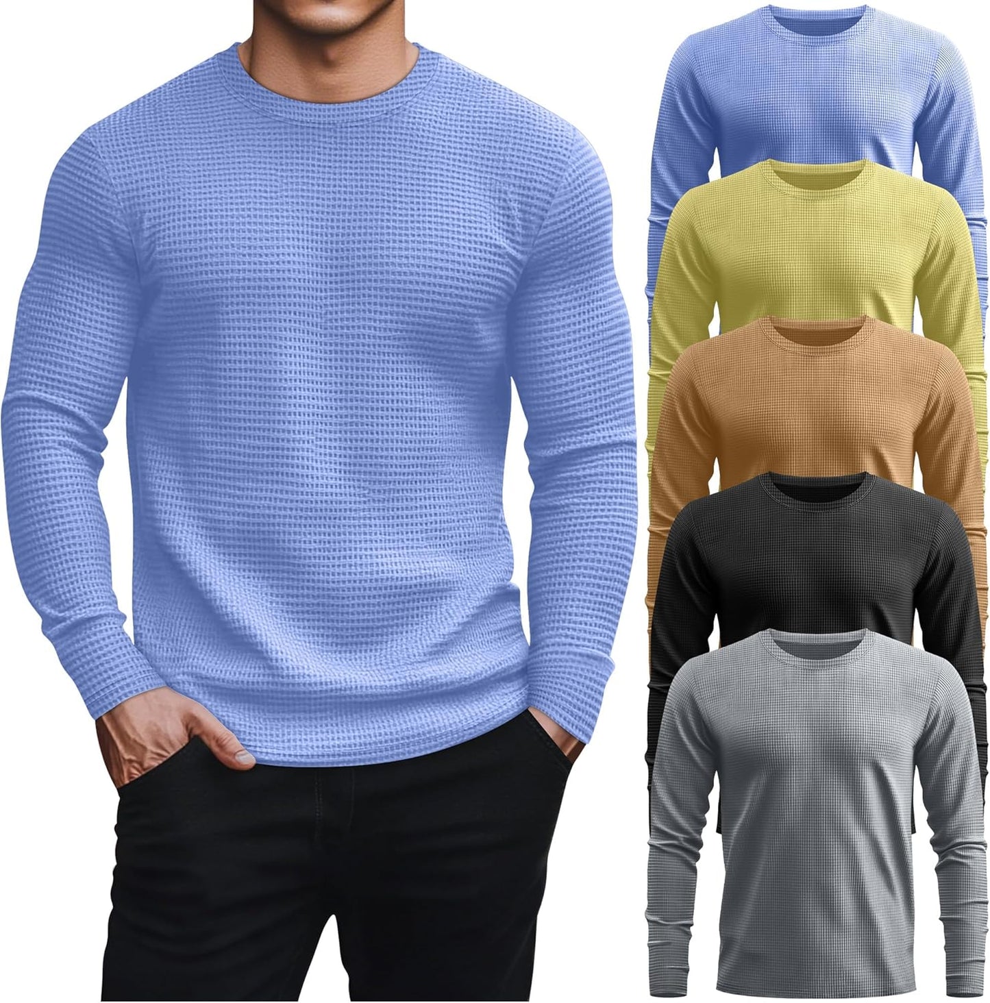 5 Pack Thermal Waffle Shirts for Men - Casual Long Sleeve Tops