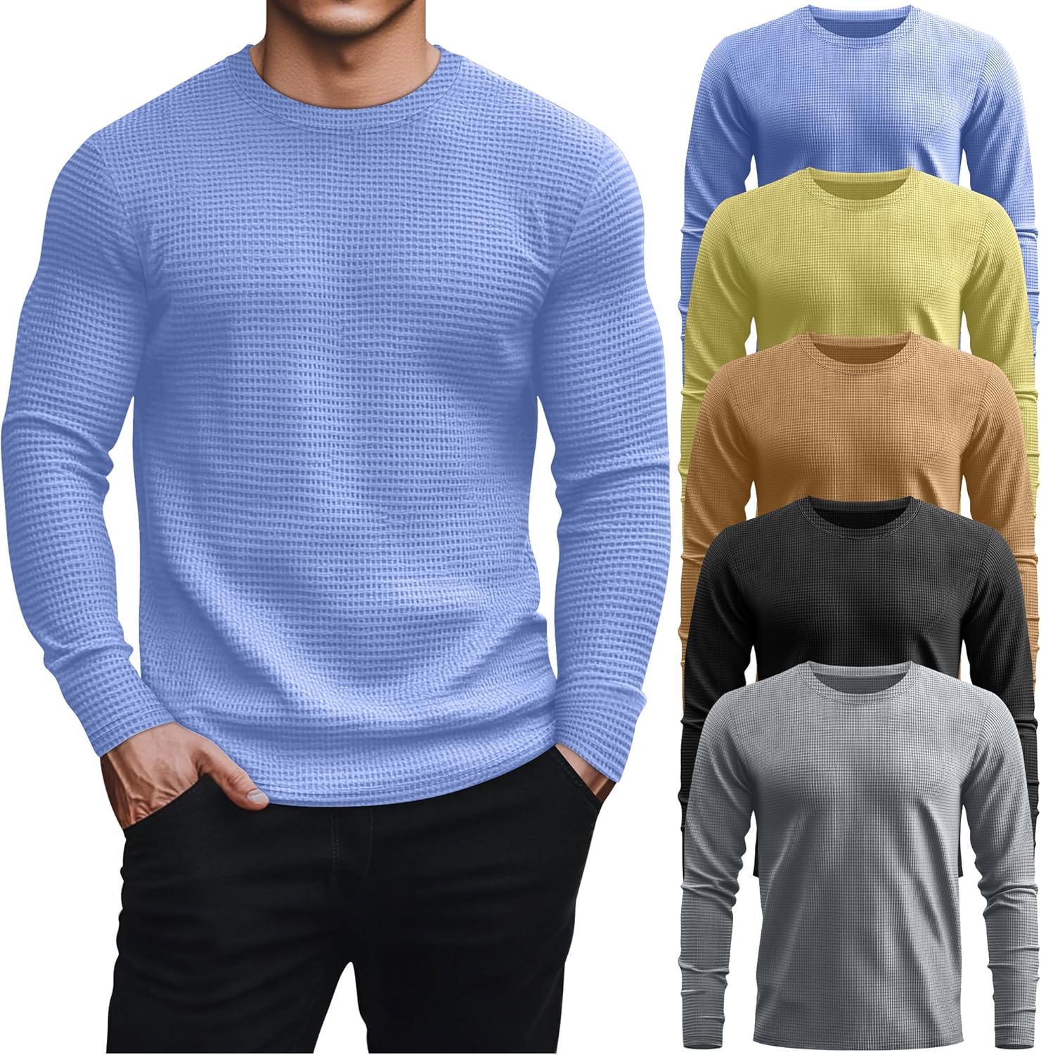 5 Pack Thermal Waffle Shirts for Men - Casual Long Sleeve Tops