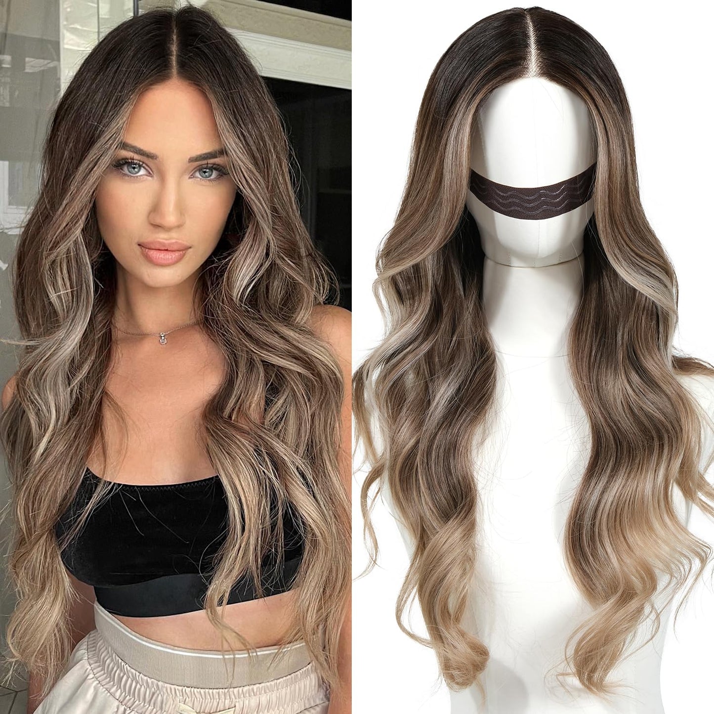 Pre Cut Lace Glueless Wig Body Wave Ombre Brown with Bangs