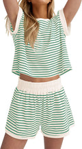 Stripe Knit Lounge Set for Women - 2 Piece Ribbed Short Sleeve Set