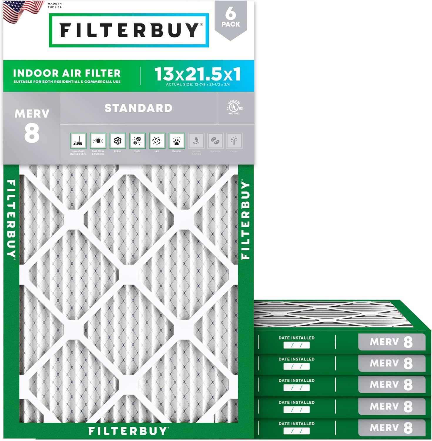 Filterbuy 13x21.5x1 Air Filter MERV 8 for Dust & Allergies