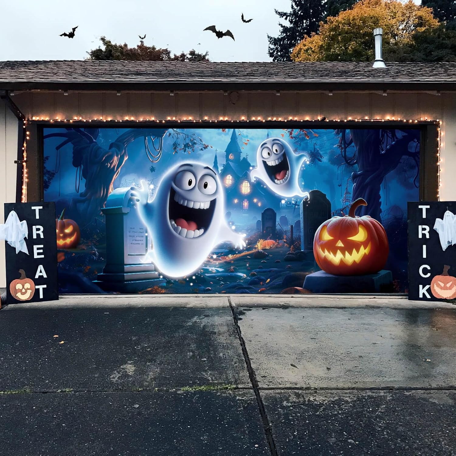 Halloween Garage Door Decorations with Cute Ghost Design