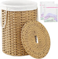 Laundry Basket with Lid 29.1 Gal Round Rattan Hamper - Removable Bags