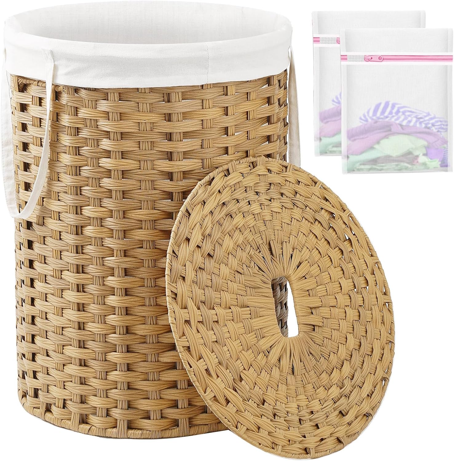 Laundry Basket with Lid Round Rattan Hamper for Easy Storage