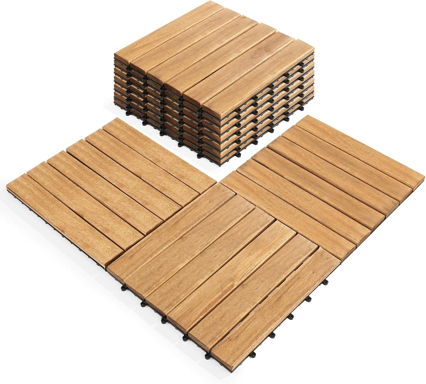 Pack of 10 Interlocking Acacia Wood Deck Tiles for Outdoor Use