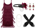 Flapper Dress for Women with Accessories - Burgundy 6-Piece Set