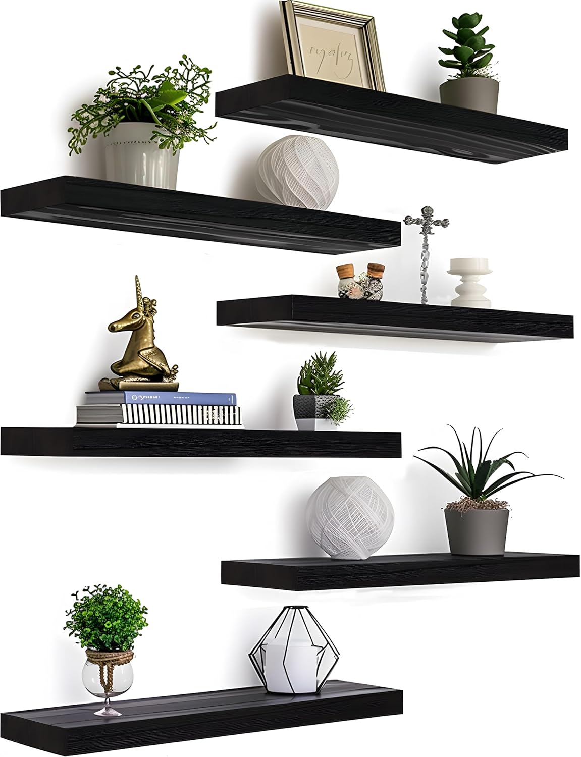 Black Wood Floating Shelves for Wall - Rustic Set of 6