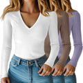 Riyiper 3 Pack Women Long Sleeve V Neck Ribbed Slim Fit Tops