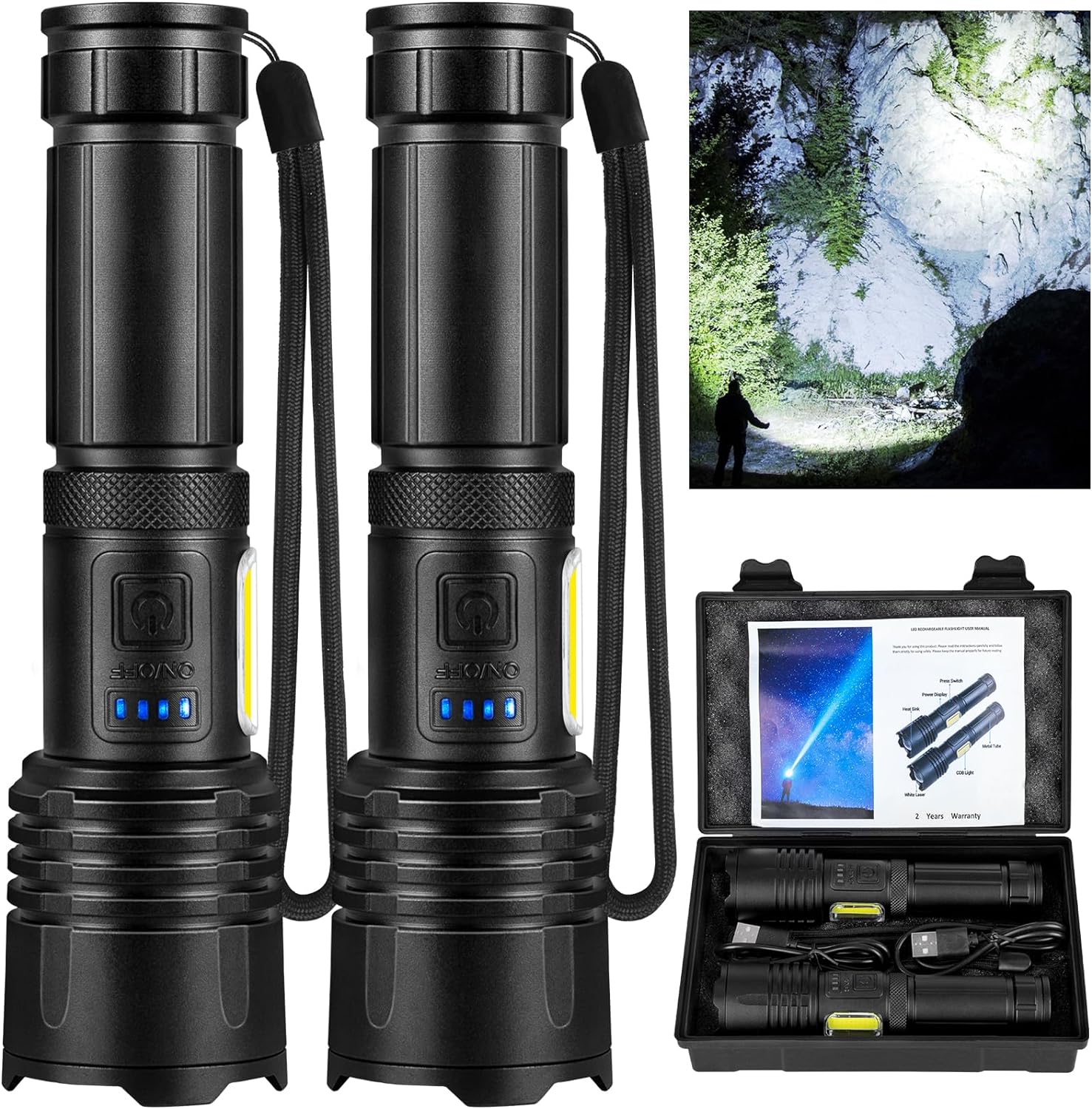 Rechargeable LED Flashlights 90,000 Lumens 2 Pack for Home