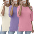 3/4 Sleeve Tunic Tops 3-Pack - Loose Fit Side Slit Tee