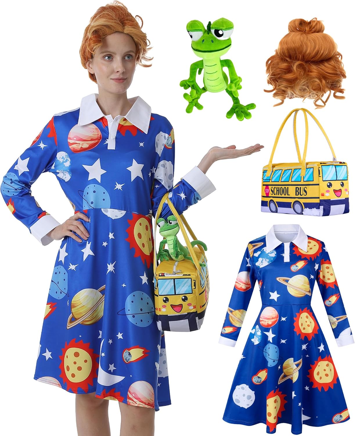 Ms Frizzle Dress Costume Set with Wig and School Bus Bag for Halloween