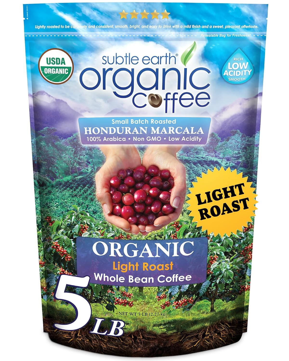 Subtle Earth Organic Coffee Light Roast - 5LB Whole Bean Bag