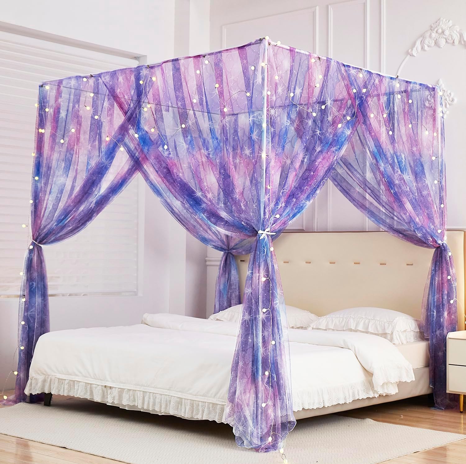 Mengersi Tie Dye Canopy Bed Curtains with Lights for Girls