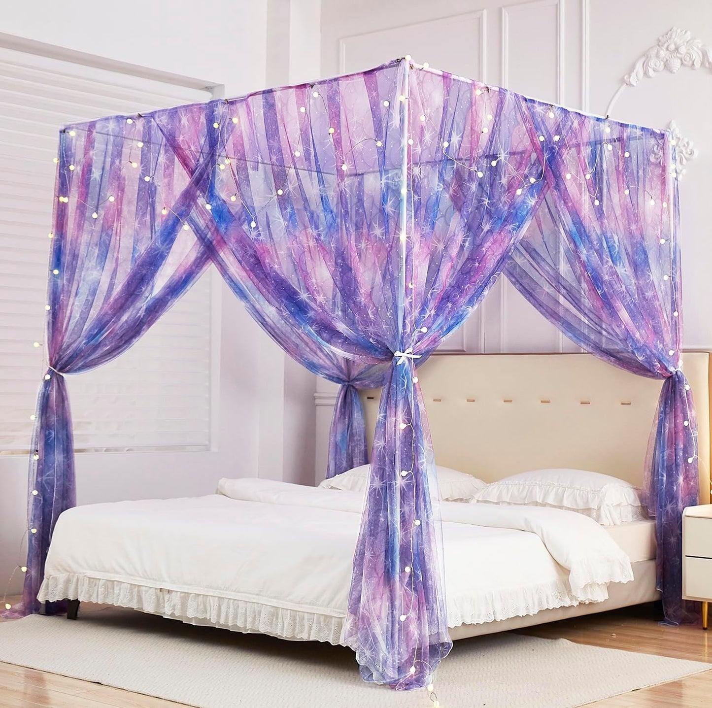 Mengersi Tie Dye Canopy Bed Curtains with Lights for Girls Room