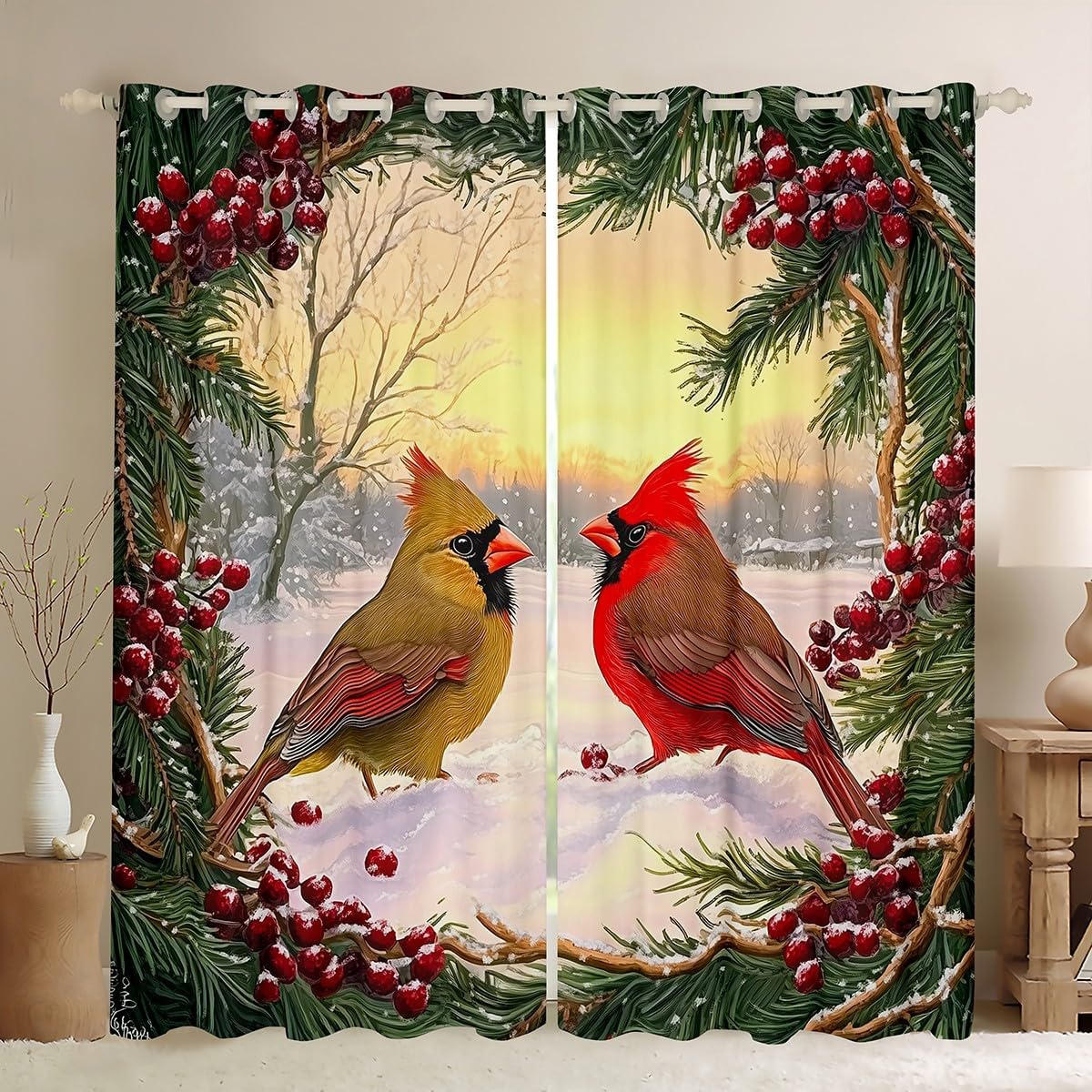 Feelyou Cardinal Merry Christmas Curtains