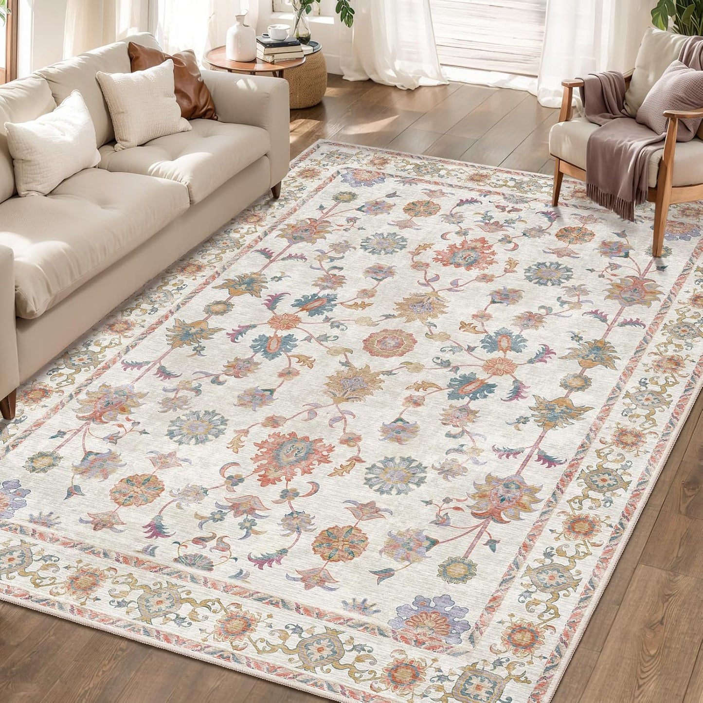Tangsoo Washable Area Rug, Vintage Floral Design for Home