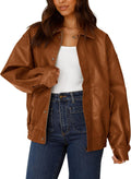 Women's Faux Leather Motorcycle Jacket in Chocolate Brown - Oversized