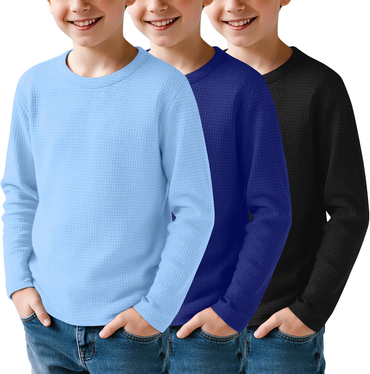 Boys Waffle Long Sleeve T-Shirts for Kids 5-14 Years Warm Tops