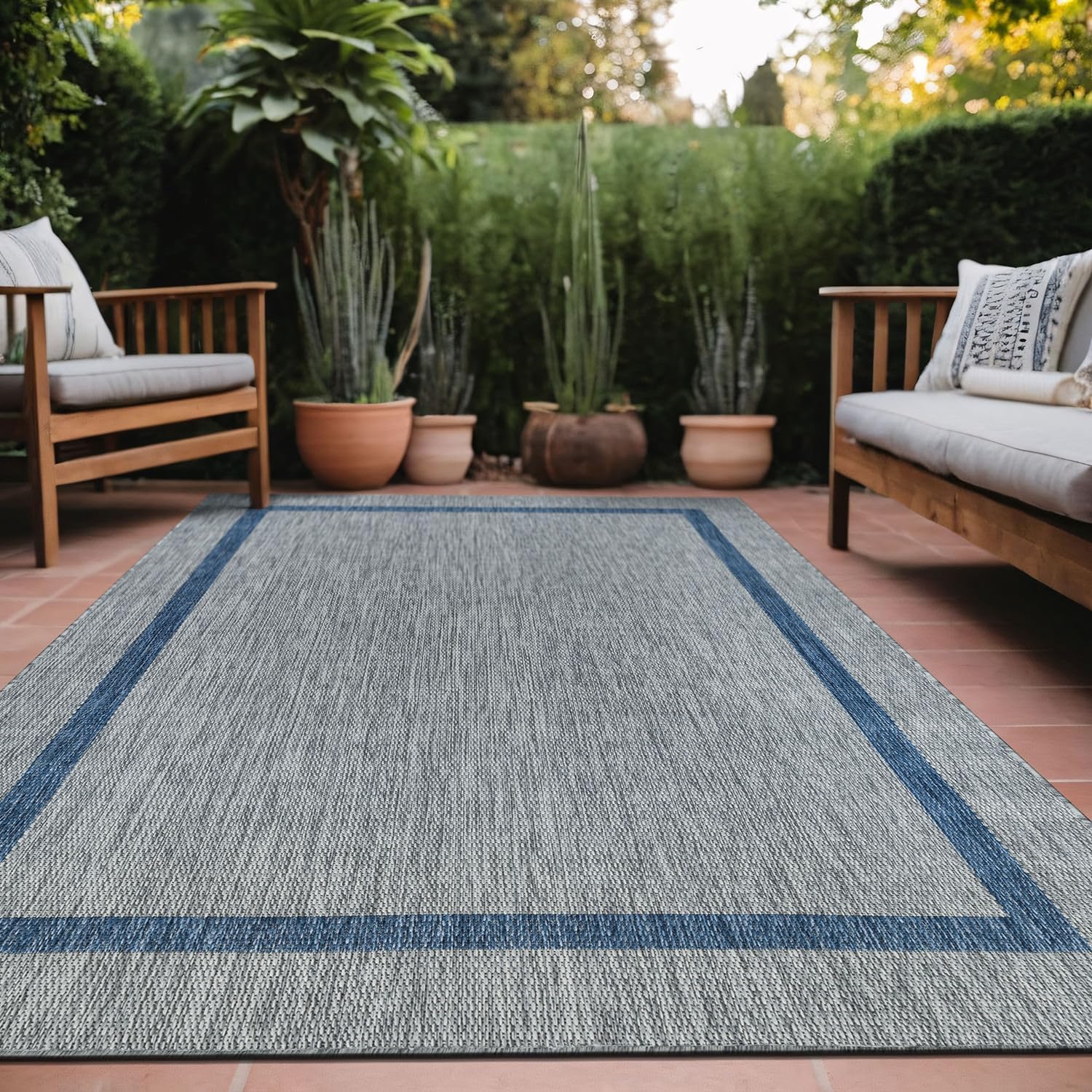 Bordered Outdoor Rug 6x9 Washable Carpet for Patio and Porch