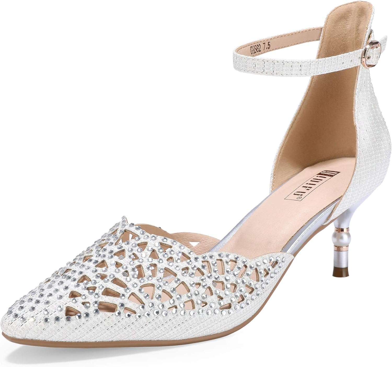 IDIFU Women's Wedding Rhinestones Low Kitten Heels Pumps Shoes
