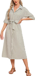 Women's Plaid Midi Dress V Neck Belted Button Down - Casual Comfort