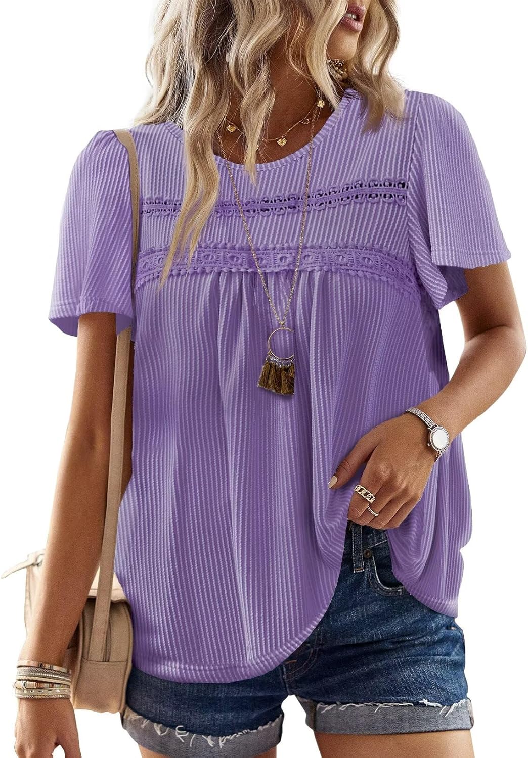 Womens Summer Tops Crewneck Short Sleeve Striped Shirts Casual