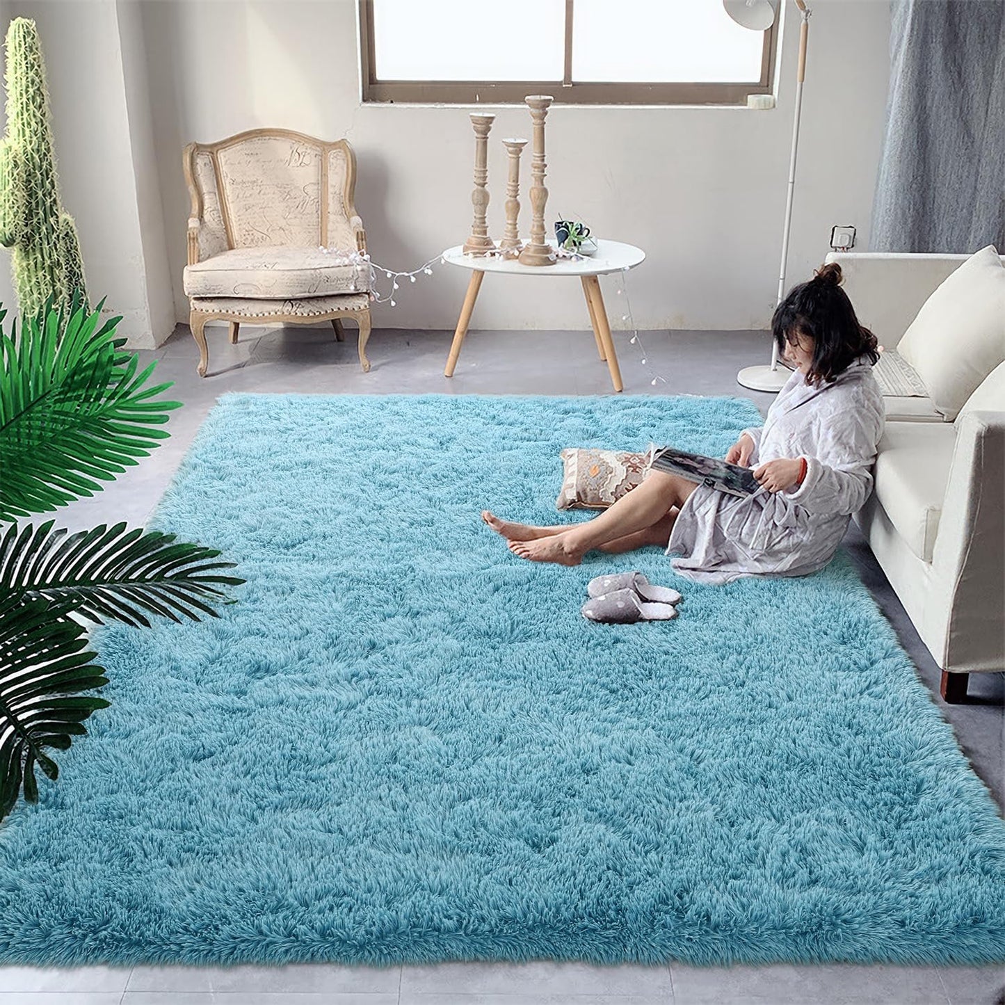 DweIke Fluffy Sky Blue Rugs for Bedroom and Living Room Decor